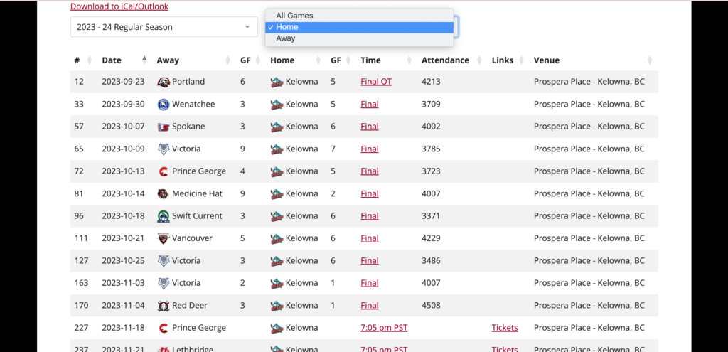 Kelowna Rockets Webサイト　スケジュール画面